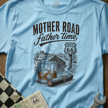Light blue t-shirt with "Mother Road father time" and Route 66 desert scene.
