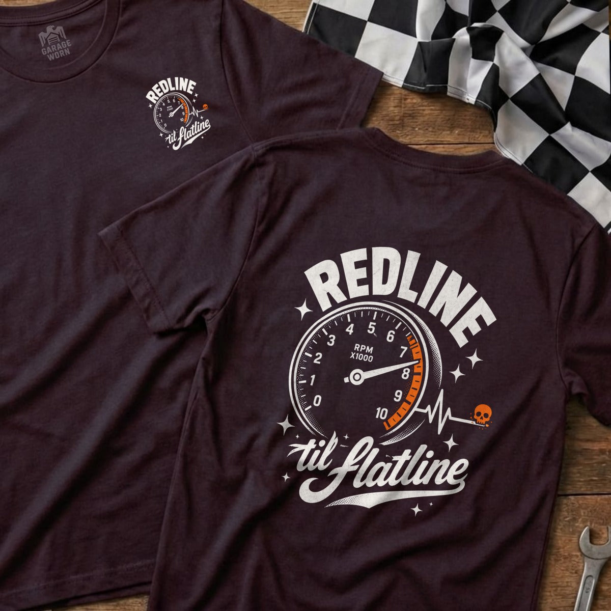 T-shirt with "Redline til Flatline" graphic and tachometer design.