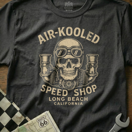 T-shirt graphic featuring a skull with goggles, pipes, and "Air-Kooled Speed Shop" text.