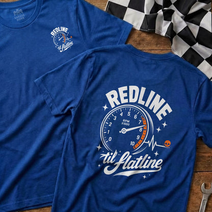 Blue t-shirt with "REDLINE til flatline" text and tachometer graphic.