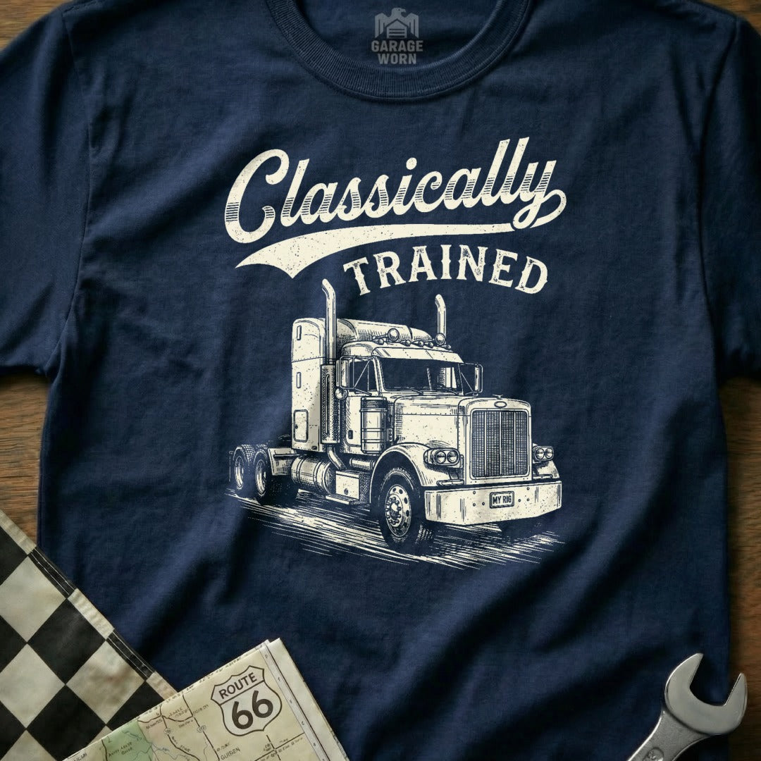 Navy t-shirt with a white vintage truck and "Classically TRAINED" text.