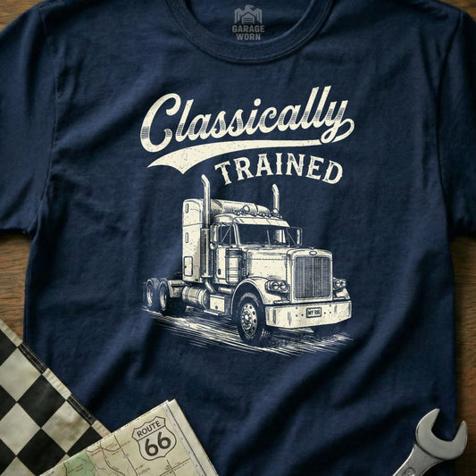 Navy t-shirt with a white vintage truck and "Classically TRAINED" text.
