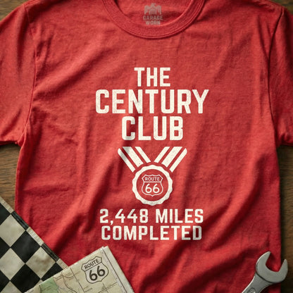 Red t-shirt with "The Century Club Route 66 2,448 Miles Completed" text.