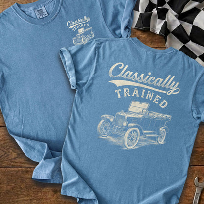 Light blue t-shirts with "Classically TRAINED" and an antique car graphic.
