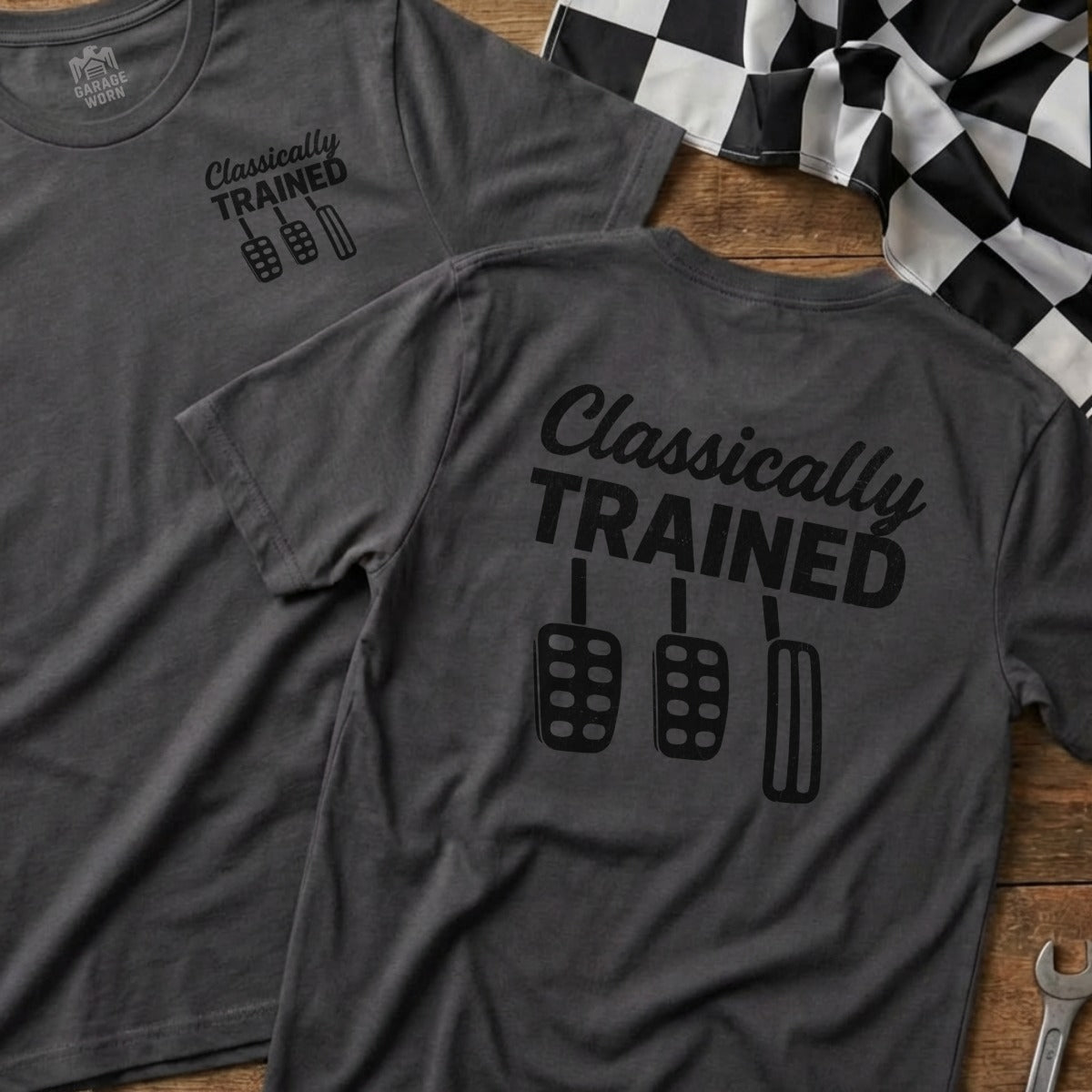 Gray t-shirt with "Classically Trained" and three pedals.