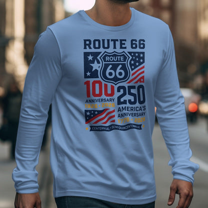 Long sleeve light blue t-shirt with Route 66 anniversary graphic and American flags.