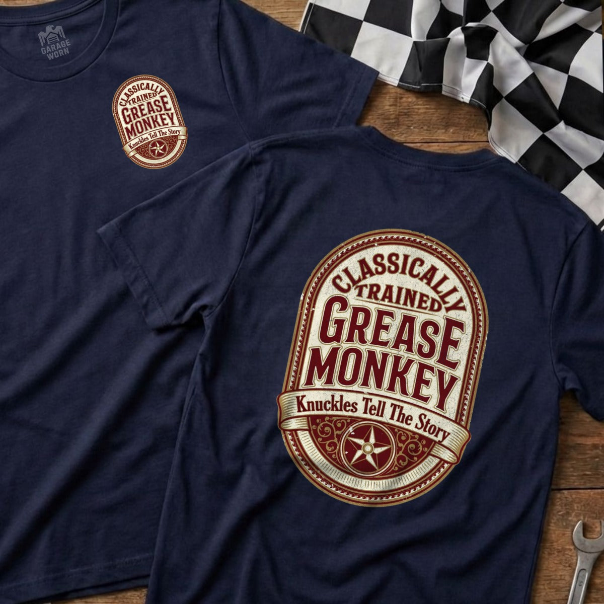 Navy t-shirts with "Classically Trained Grease Monkey" text and a star emblem.
