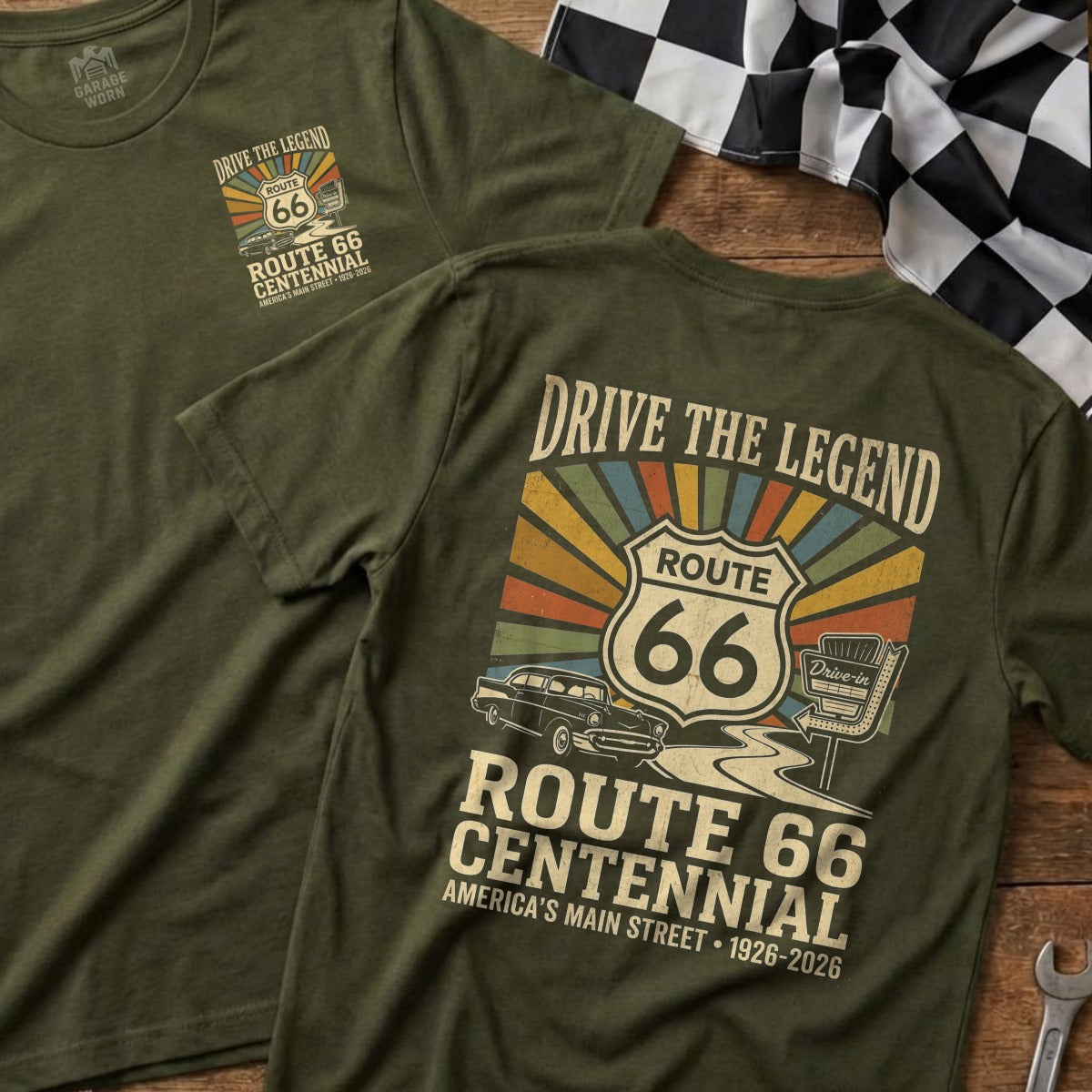 Olive green t-shirt with Route 66 Centennial graphic, featuring a vintage car and drive-in sign.