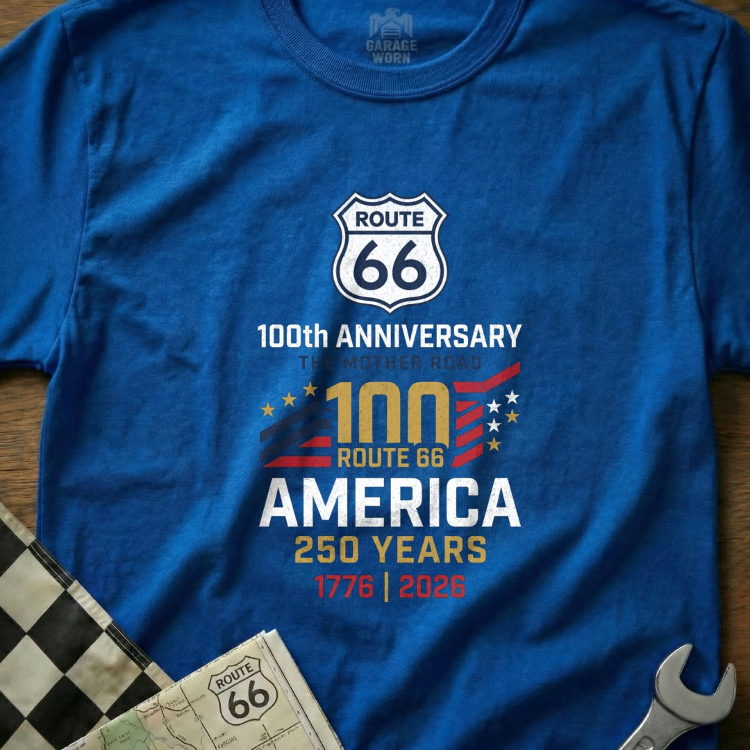 Blue t-shirt celebrating Route 66 100th Anniversary and America's 250 Years.