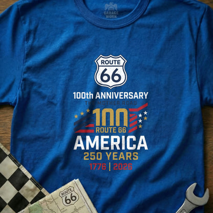 Blue t-shirt celebrating Route 66 100th Anniversary and America's 250 Years.