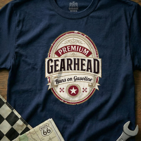 Navy t-shirt with "Premium Gearhead Runs on Gasoline" text and star emblem.