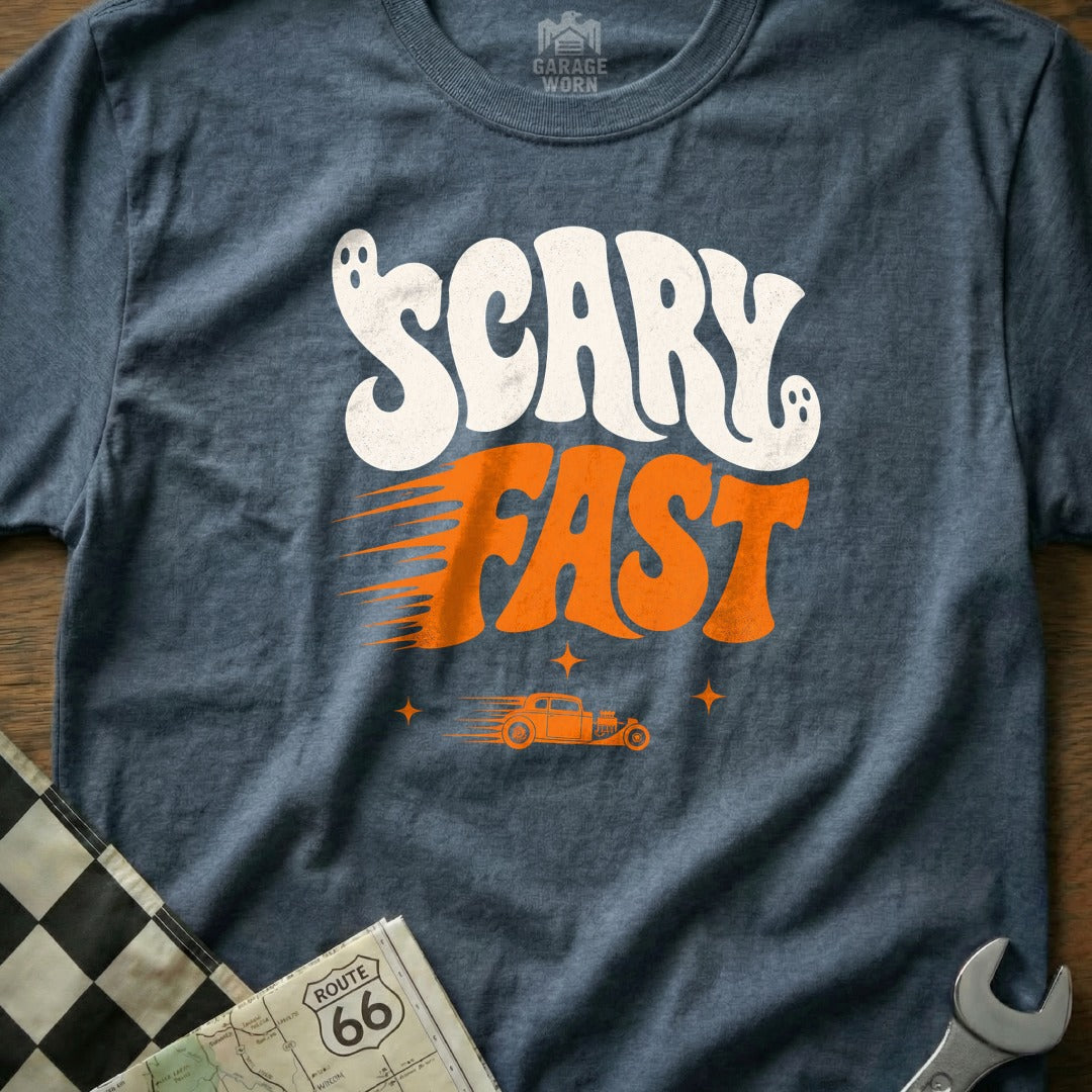 Blue t-shirt with white and orange "SCARY FAST" text and a hot rod graphic.
