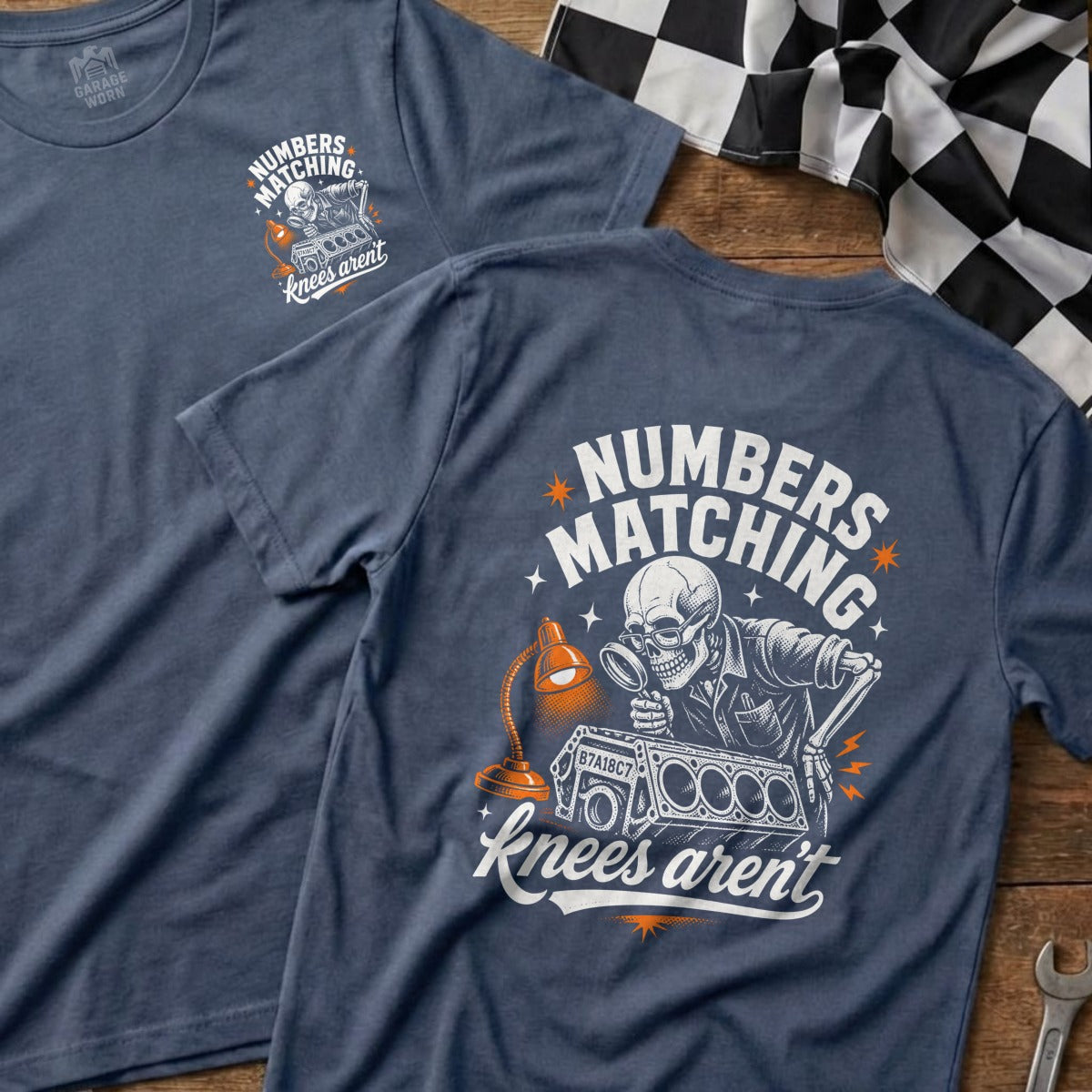 Skeleton inspecting engine block with text "Numbers Matching, knees aren't".