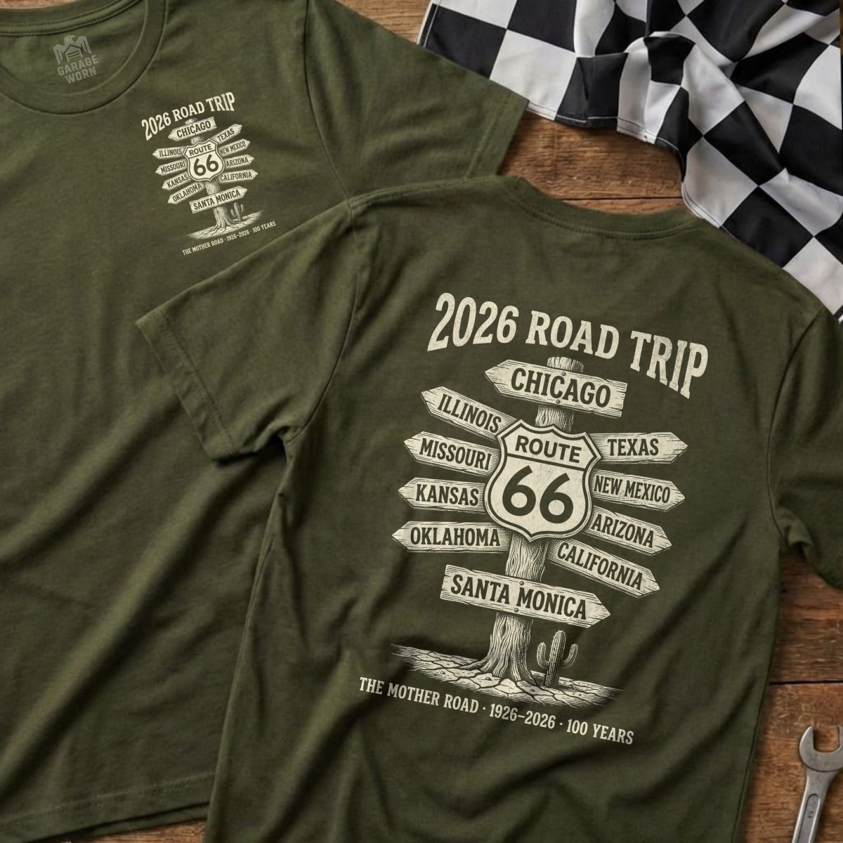 Olive green t-shirt with Route 66 destinations and "2026 Road Trip" text.