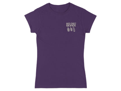 Purple t-shirt with "Anti-Theft Device" and pedal graphic.