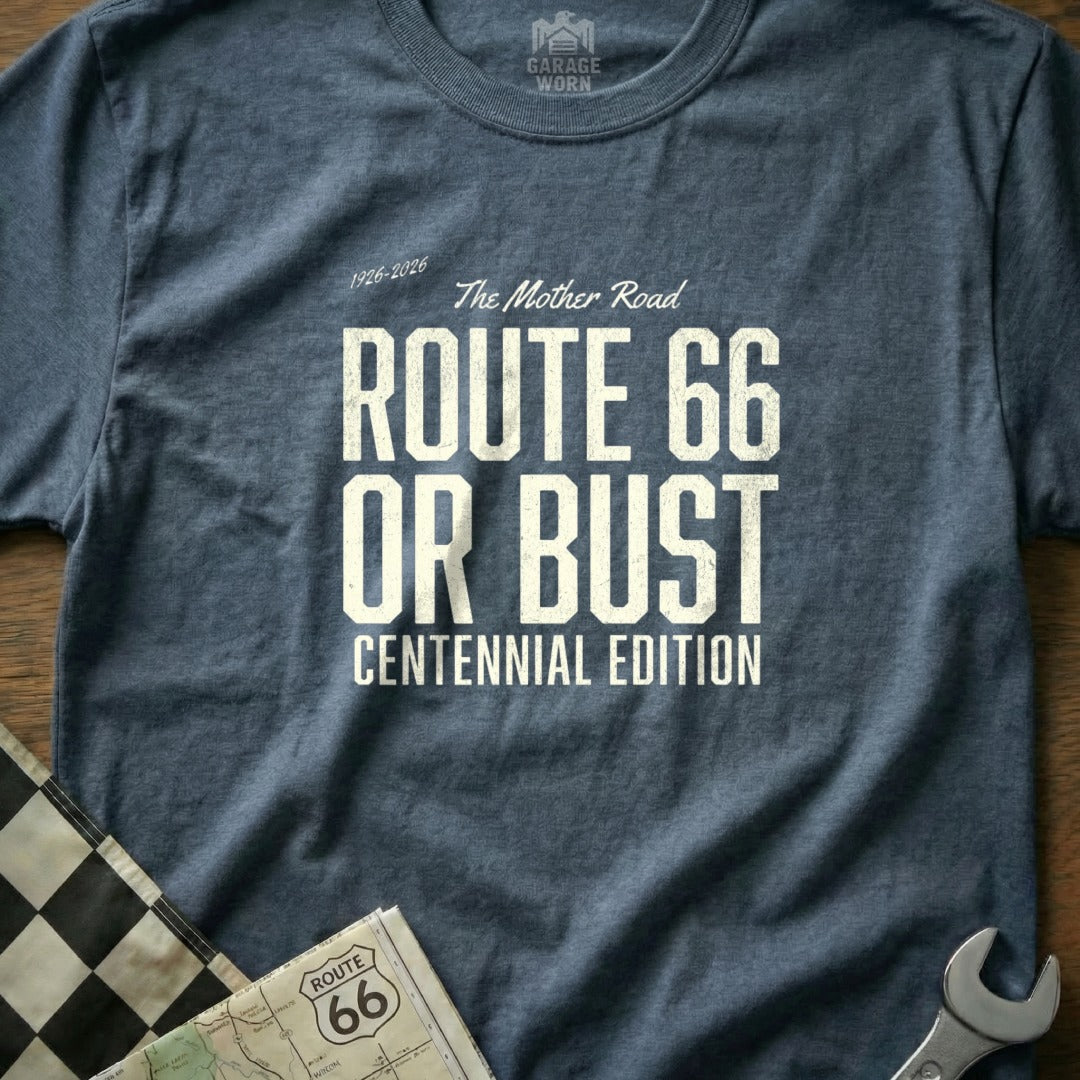 "Route 66 Or Bust" Centennial Edition t-shirt with distressed graphic.