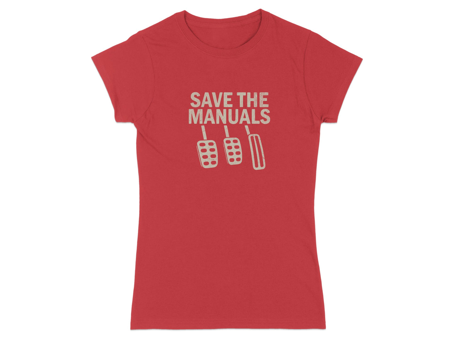 Red t-shirt with "Save the Manuals" text and clutch, brake, and gas pedals.