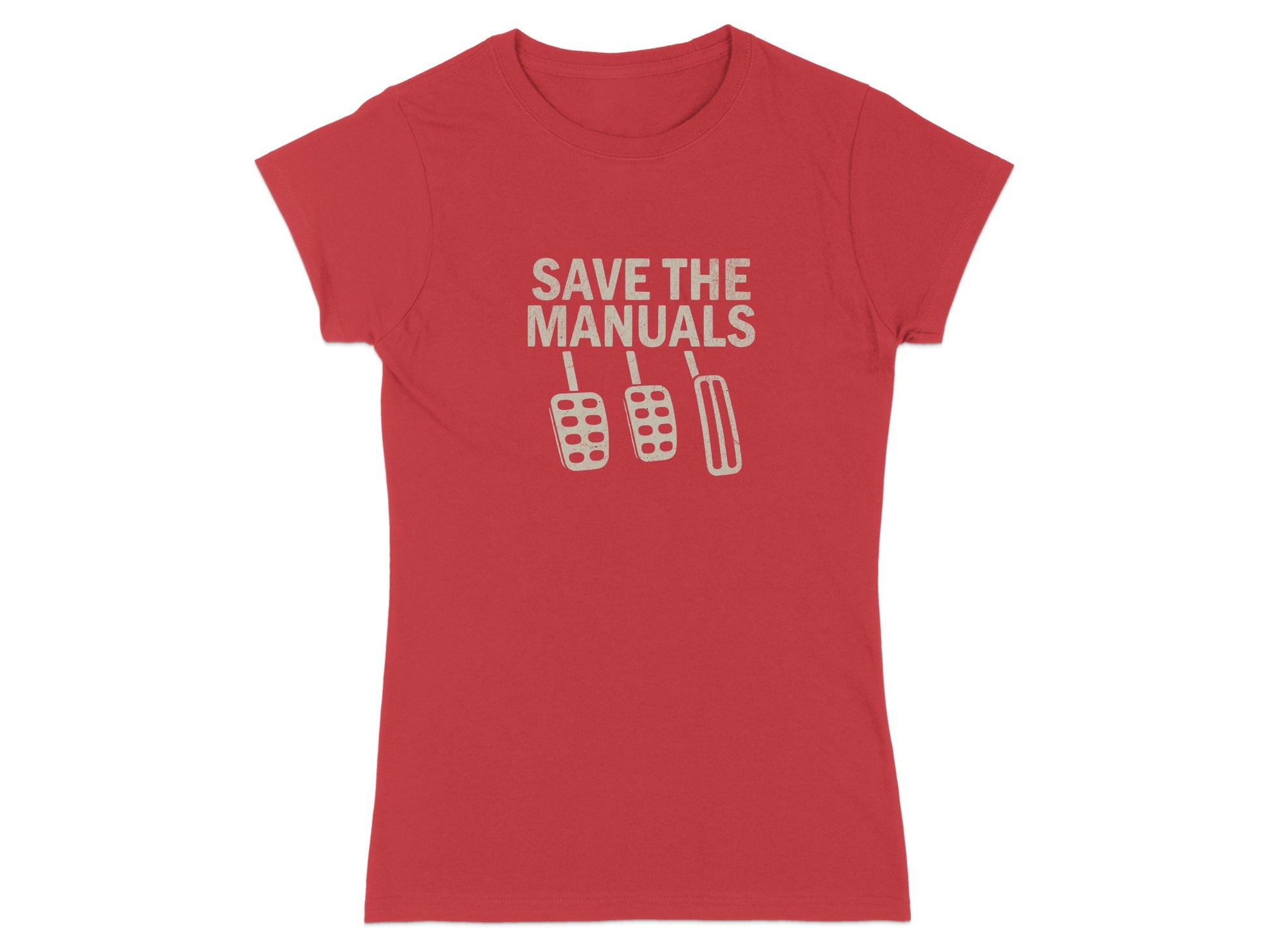Red t-shirt with "Save the Manuals" text and clutch, brake, and gas pedals.