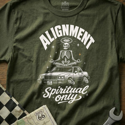 Skeleton meditates on car with text "Alignment spiritual only"