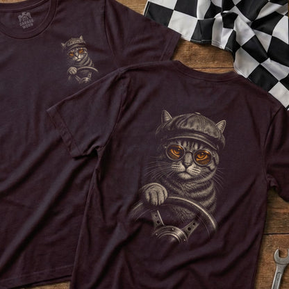 T-shirt with a gray tabby cat wearing a cap and glasses driving a car.
