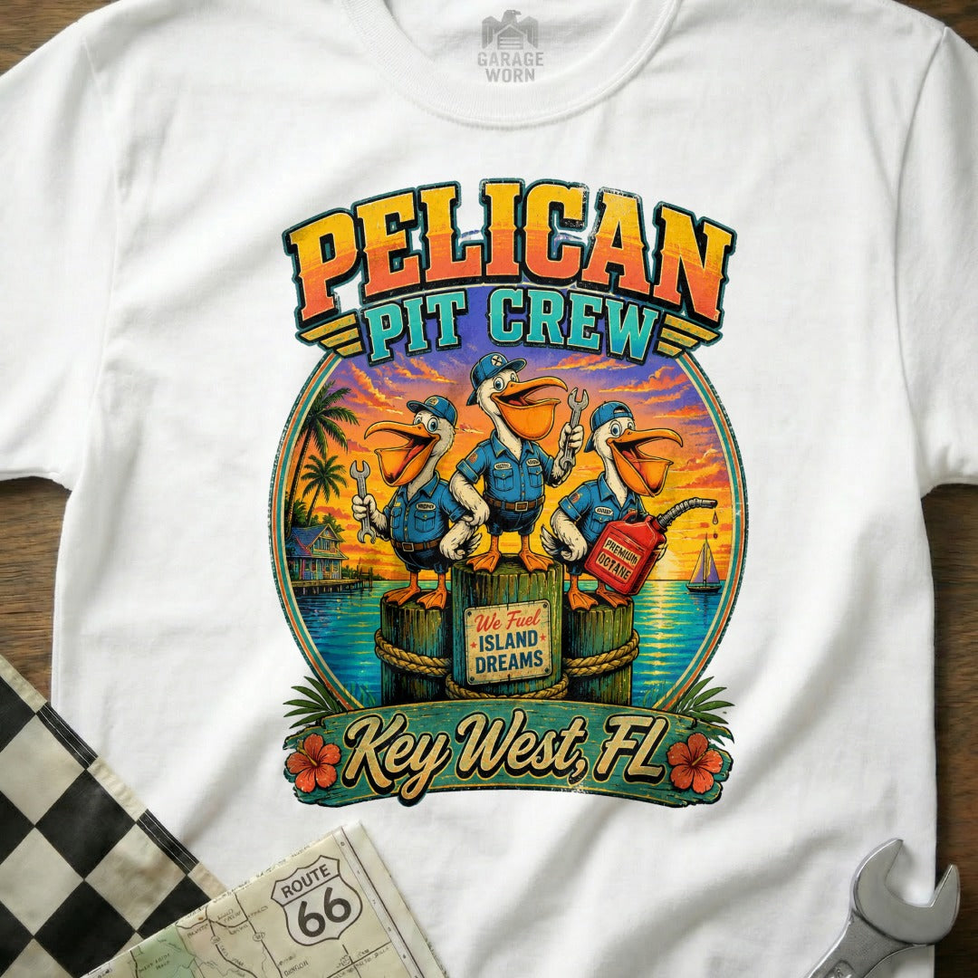 Pelican Pit Crew t-shirt with three pelicans in mechanics outfits holding wrenches, Key West, FL.