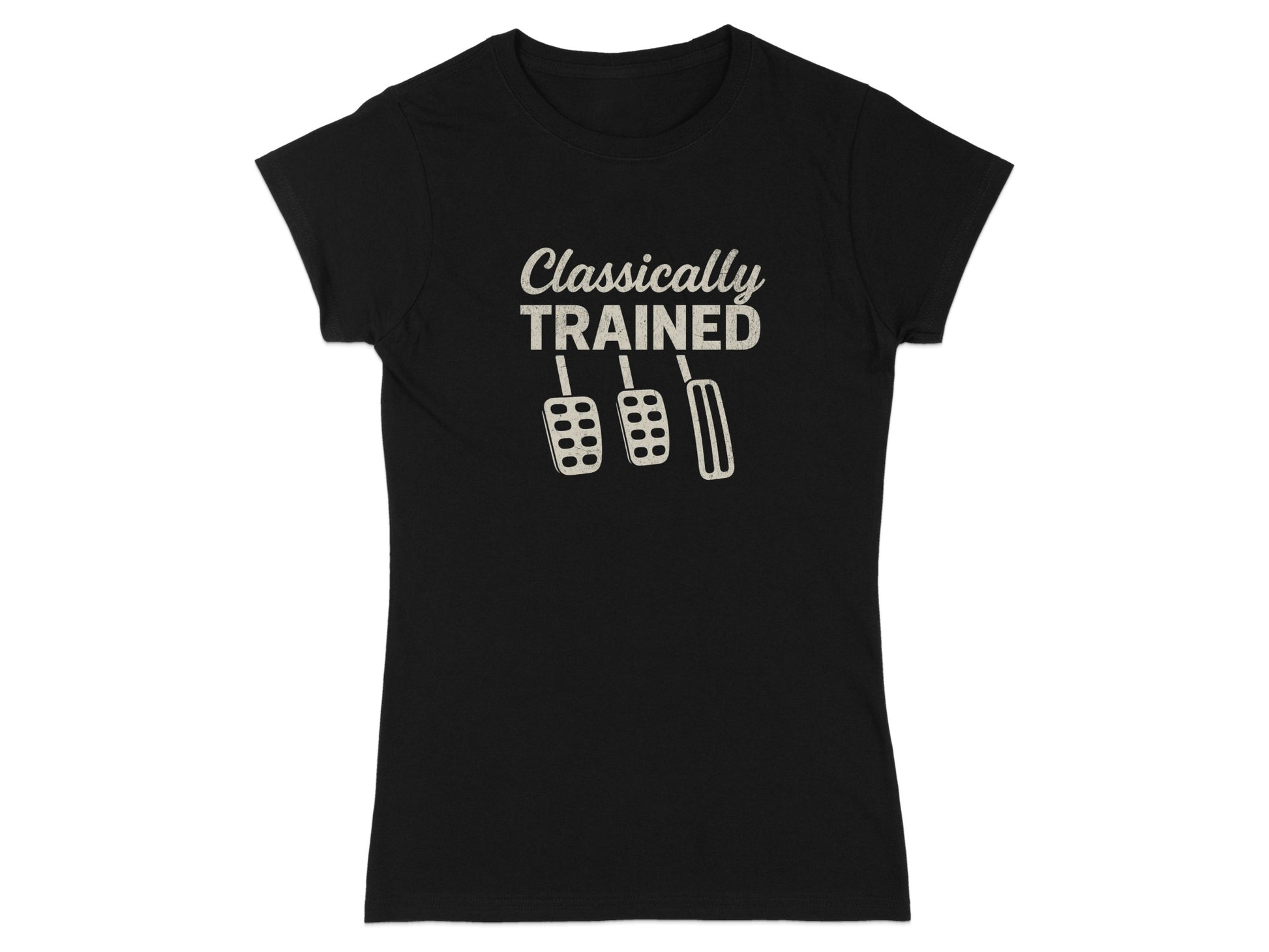 Black t-shirt with "Classically Trained" and three pedals graphic.