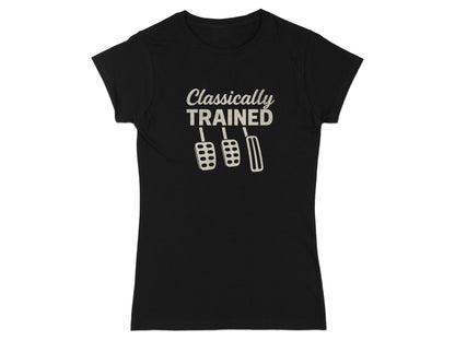 Black t-shirt with "Classically Trained" and three pedals graphic.