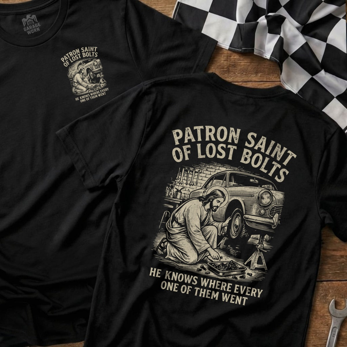 Garage Worn Patron Saint Of Lost Bolts Auto Humor product type
