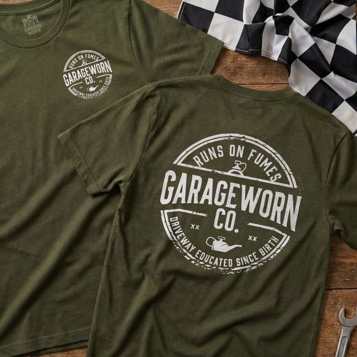 Olive green t-shirt with "Garage Worn Co. Runs on Fumes" circular logo.