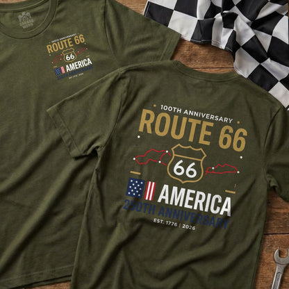 Green t-shirts with Route 66 100th anniversary "America" design.