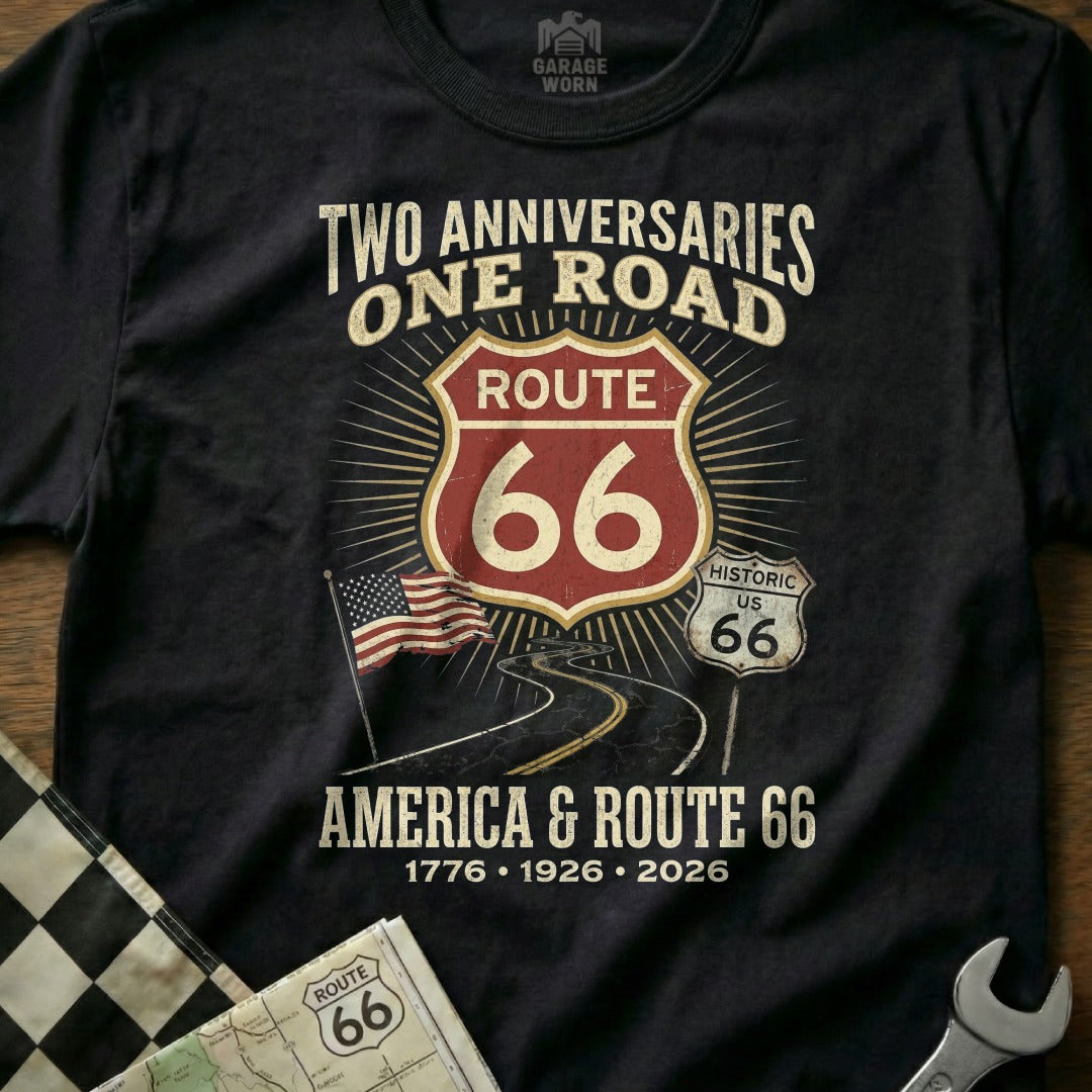 Black t-shirt with Route 66 design, anniversary dates, and American flag.