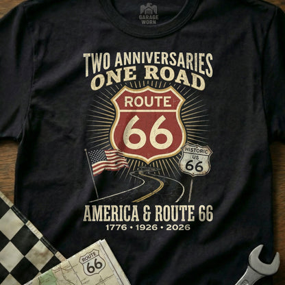 Black t-shirt with Route 66 design, anniversary dates, and American flag.