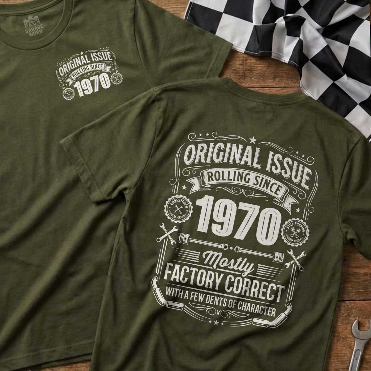 Olive green t-shirts with "1970 Original Issue Rolling Since" graphic.