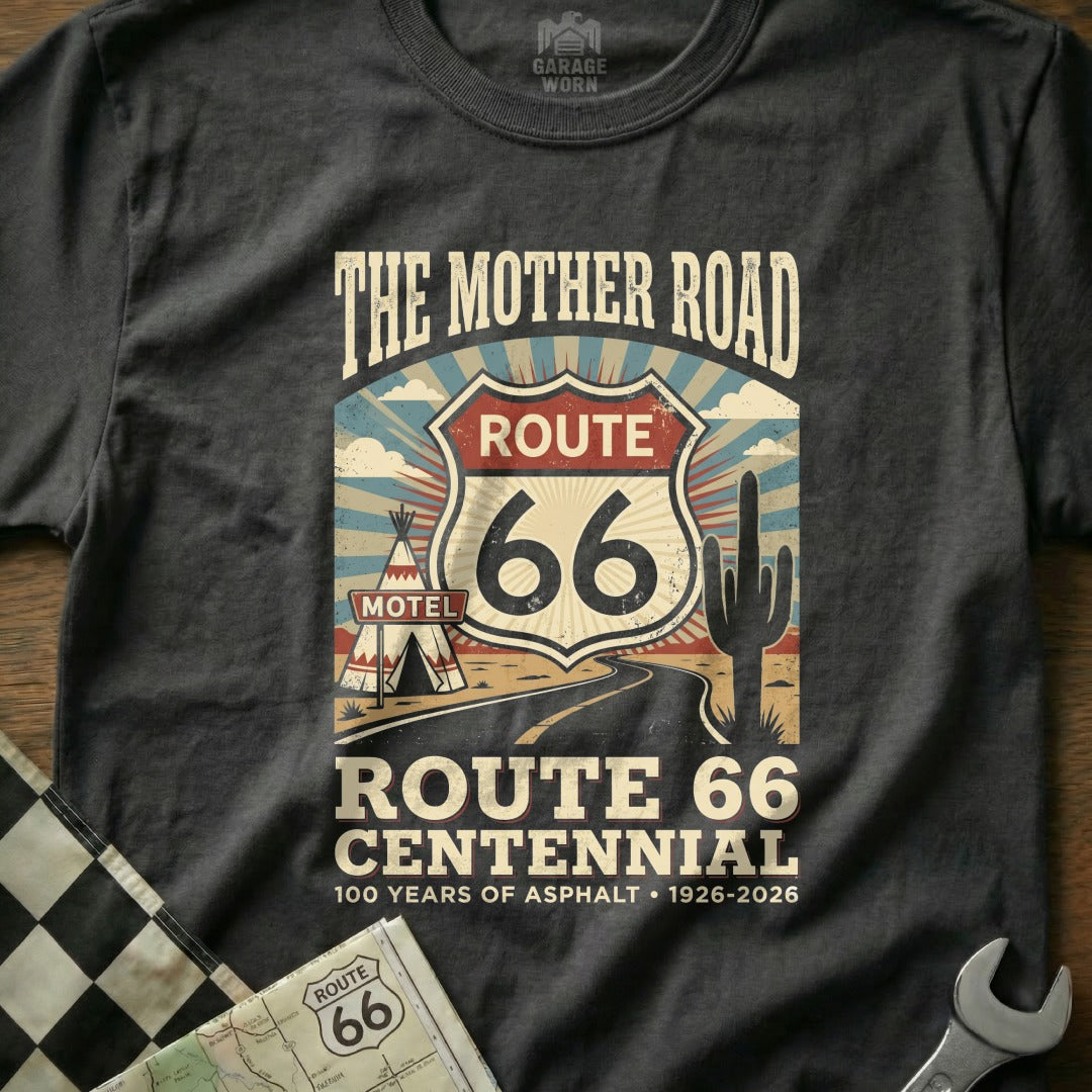 The Mother Road Route 66 centennial t-shirt graphic with highway and desert scene.