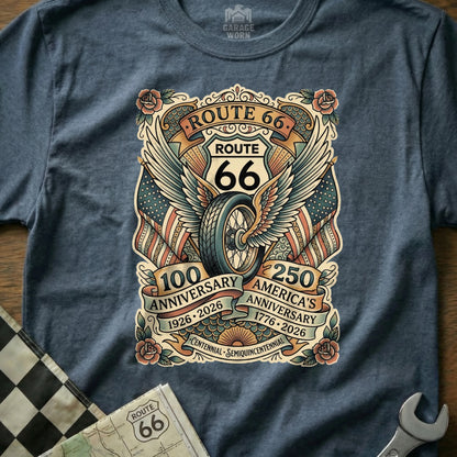 Route 66 wings and wheel graphic with flags, anniversary dates, and flowers.