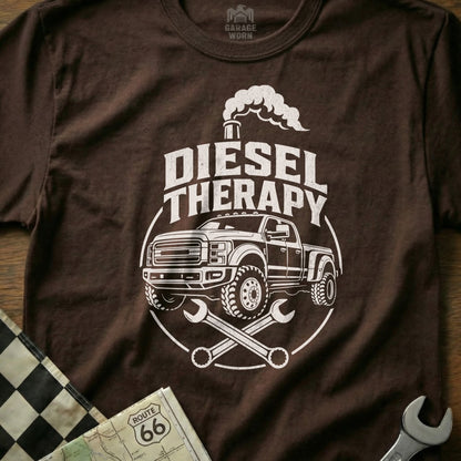 Brown t-shirt with "DIESEL THERAPY" text, a diesel truck, and crossed wrenches.