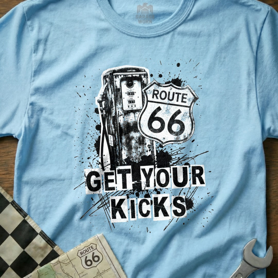 Light blue t-shirt with Route 66 gas pump graphic and "GET YOUR KICKS" text.
