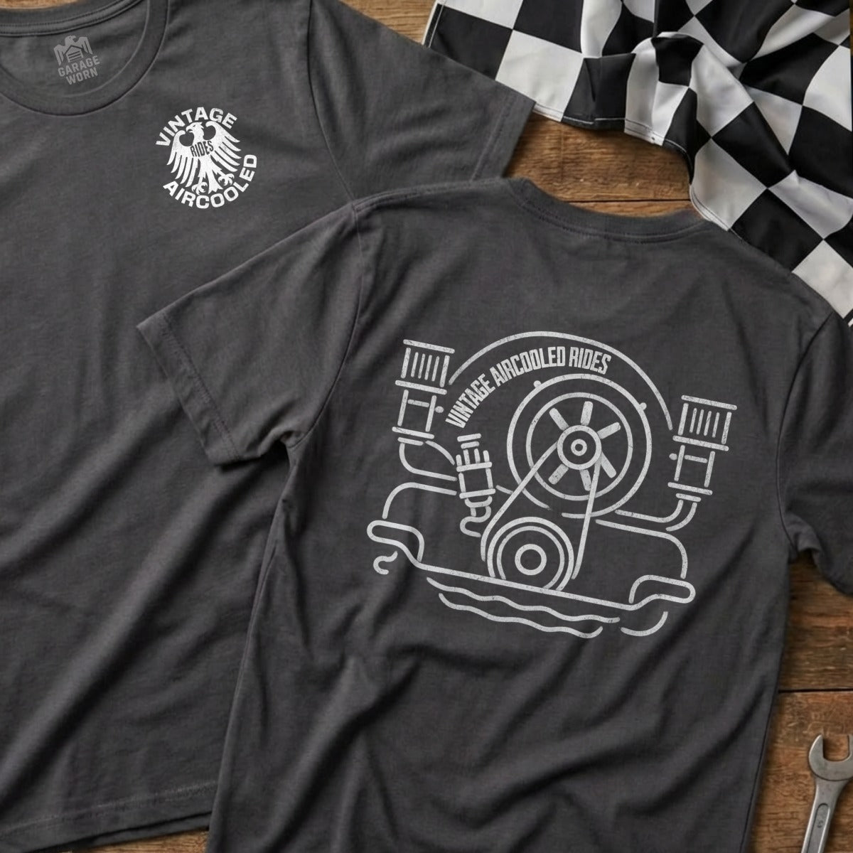 Dark grey t-shirt with a white graphic of a vintage air-cooled engine and "Vintage Aircooled Rides" text.