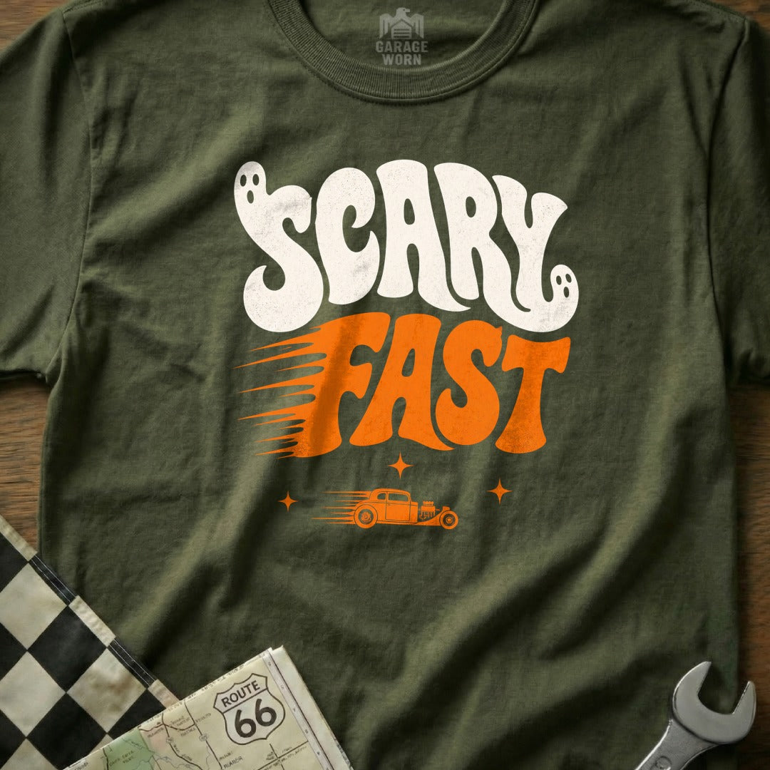 Olive green t-shirt with "Scary Fast" text, ghost icons, and a hot rod graphic.