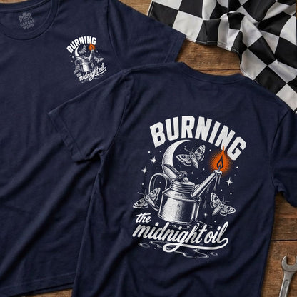 Navy t-shirt with "BURNING the midnight oil" text and moth/candle graphic.