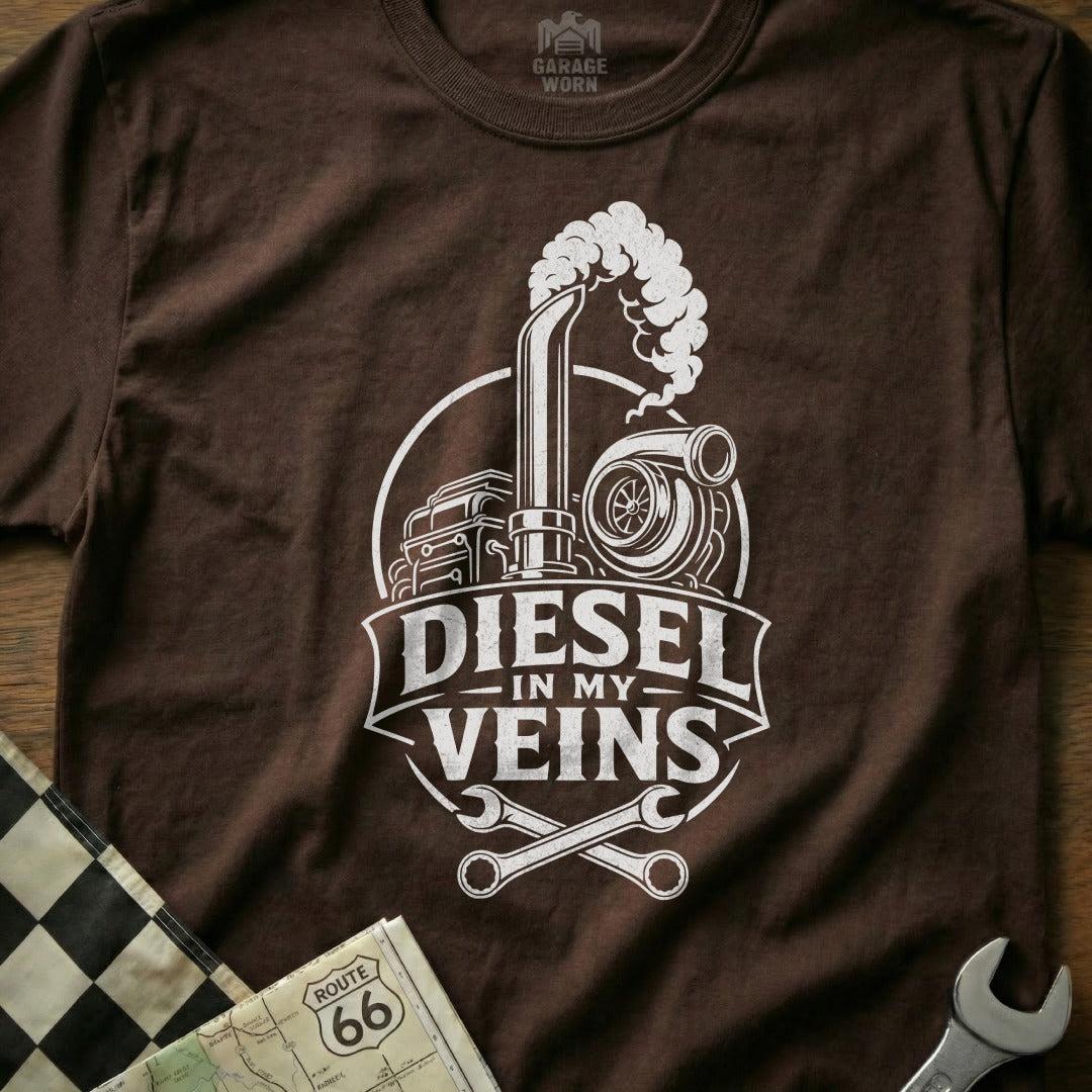 Brown t-shirt with white "Diesel in My Veins" graphic, featuring a turbo and truck exhaust.