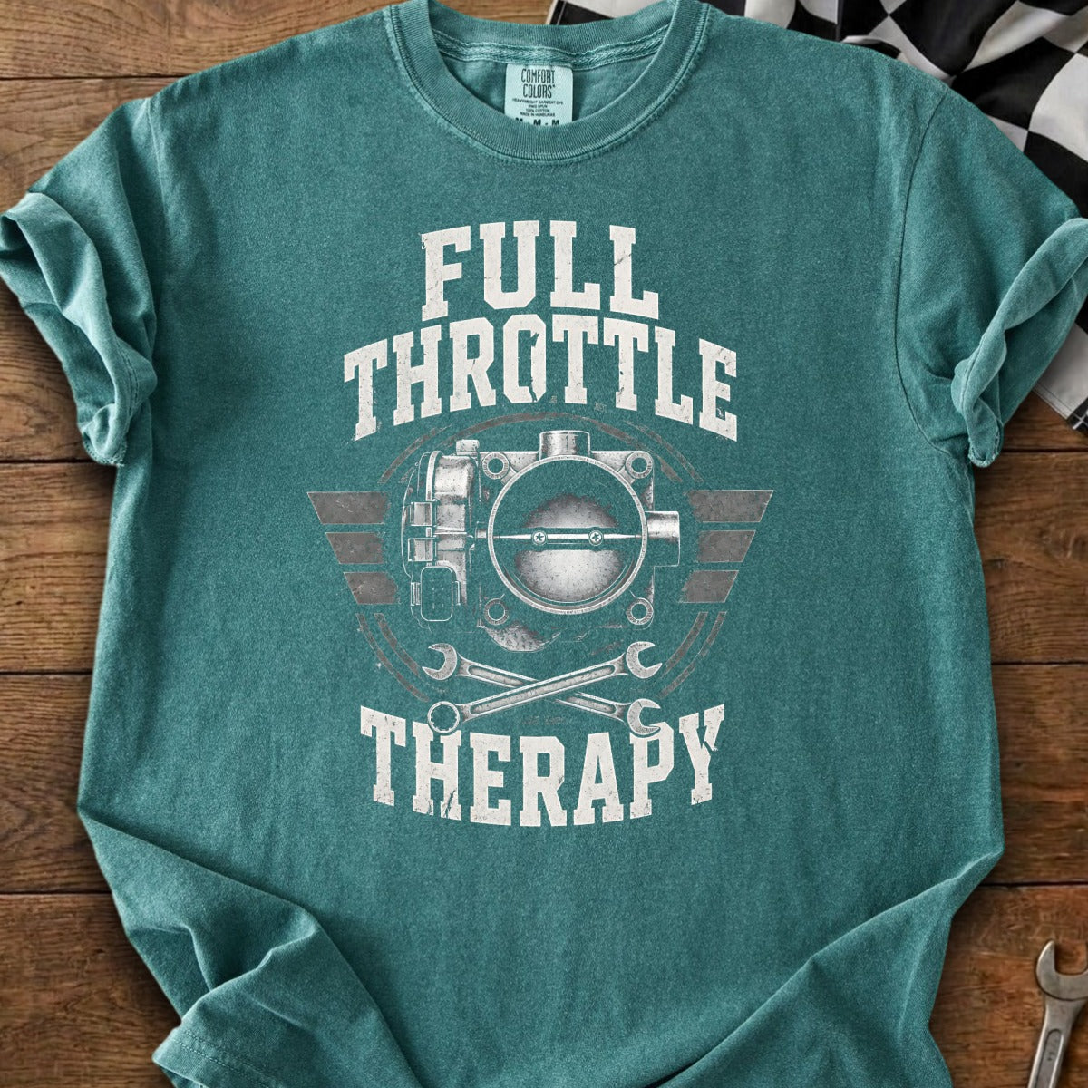 Teal t-shirt with "FULL THROTTLE THERAPY" and a throttle body graphic.
