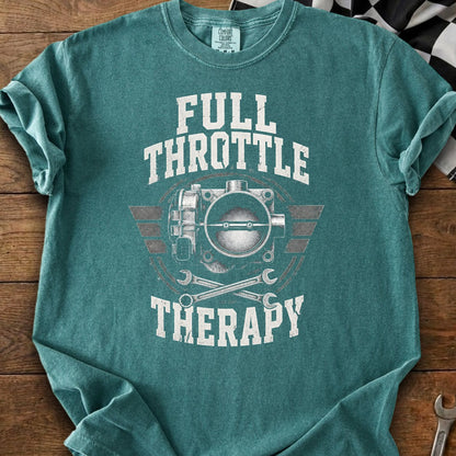 Teal t-shirt with "FULL THROTTLE THERAPY" and a throttle body graphic.