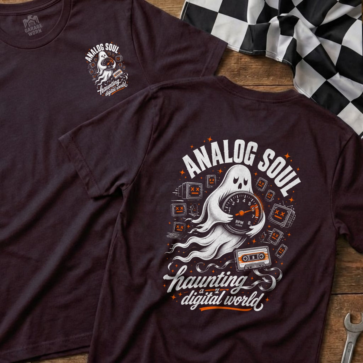 Dark t-shirt with ghost, speedometer, cassette, and "Analog Soul" text design.