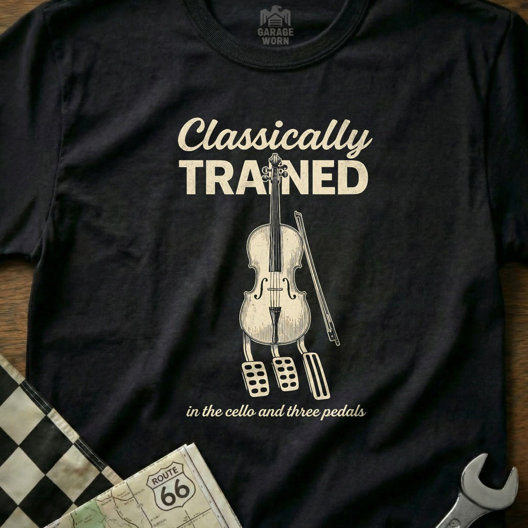 T-shirt with "Classically Trained" text and cello illustration with pedals.