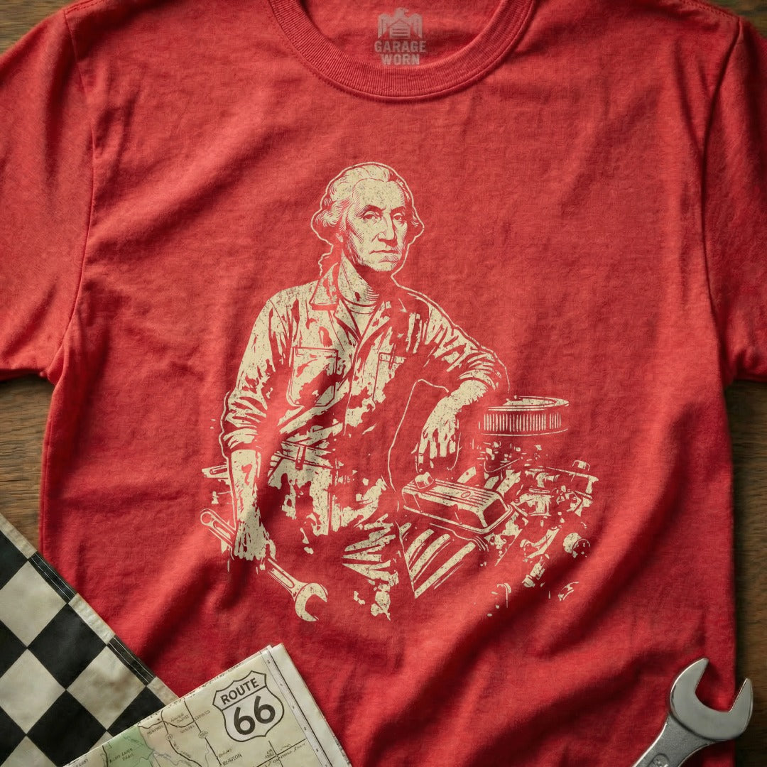 George Washington in mechanic's uniform with engine parts and tools.