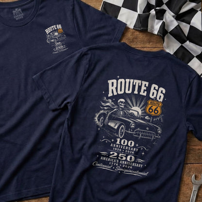 Navy t-shirt with Route 66 skeleton driving classic car graphic and anniversary text.