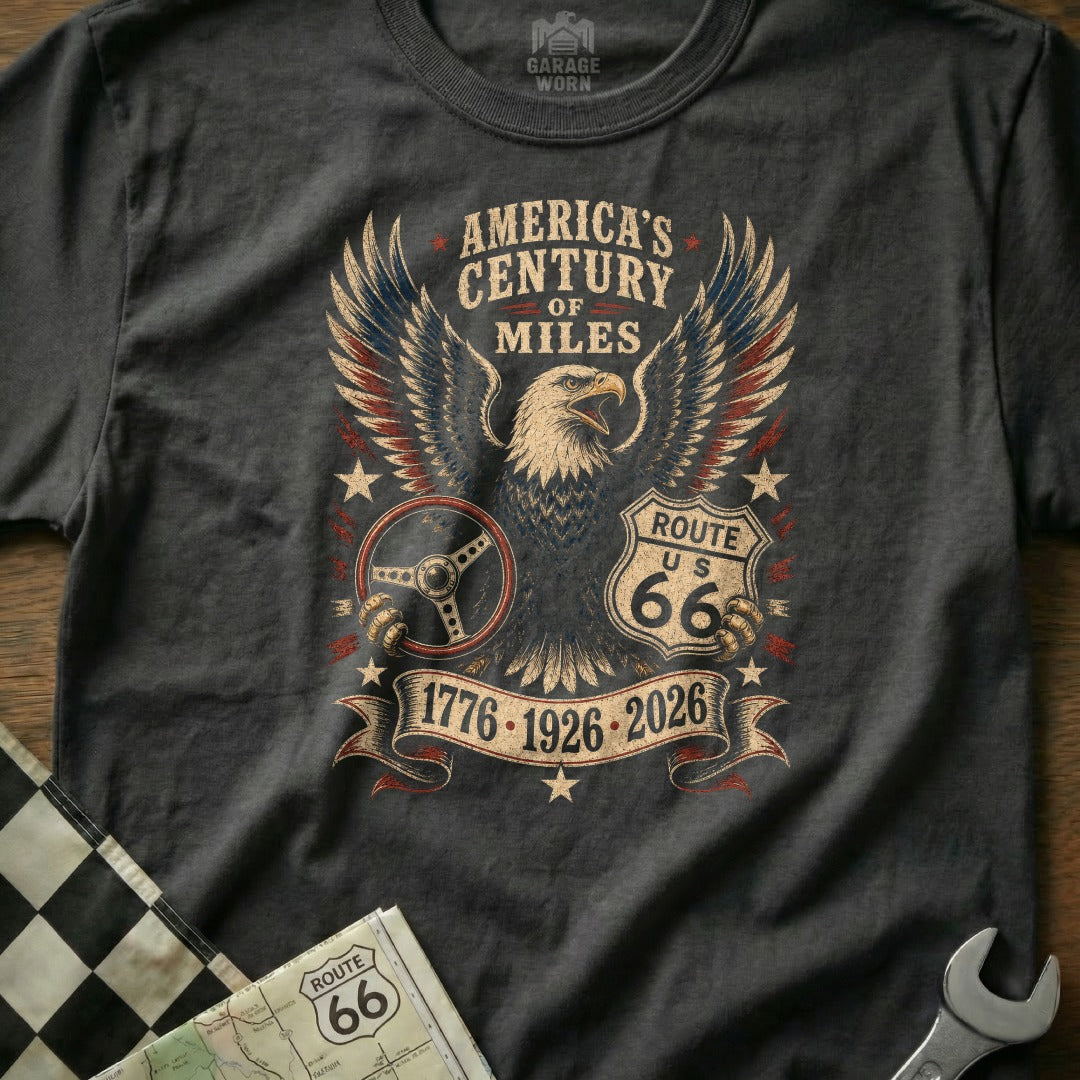 Dark grey t-shirt with eagle, Route 66, steering wheel, and patriotic design.