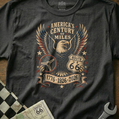 Dark grey t-shirt with eagle, Route 66, steering wheel, and patriotic design.