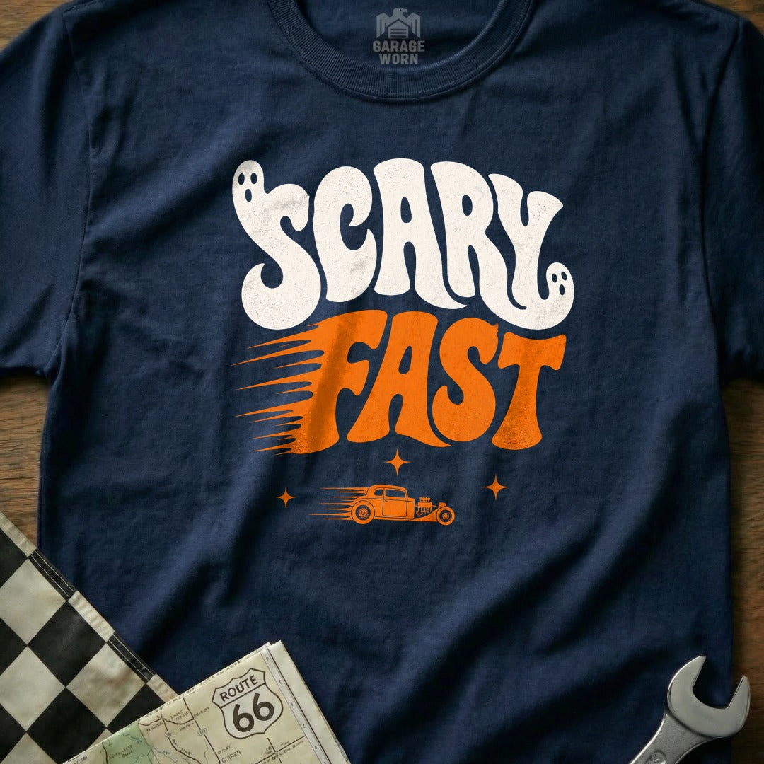 Navy t-shirt with white and orange "SCARY FAST" text and a hot rod graphic.